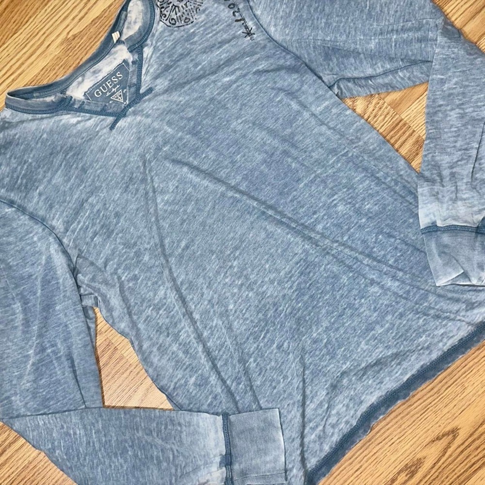Y2K Guess Long Sleeve Henley Affliction Style Blue Faded Sheer Mens Size XL